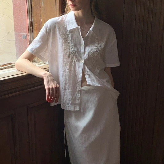 JenPora Women's Linen Embroidered Short Sleeve Polo Collar Shirt
