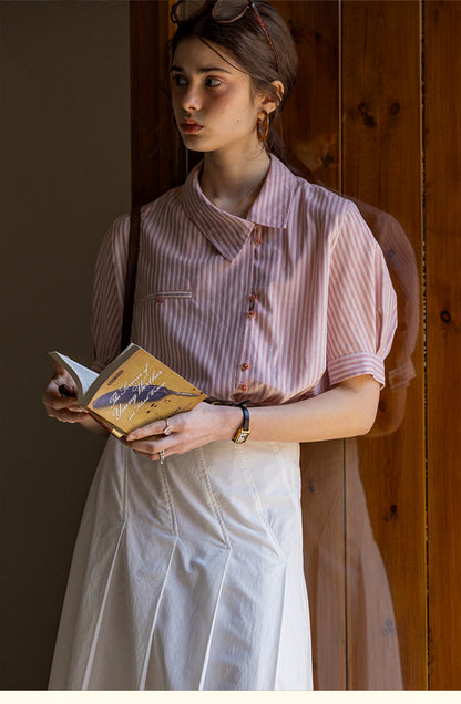 JenPora Women's Striped Short Sleeve Blazer Collar Shirt