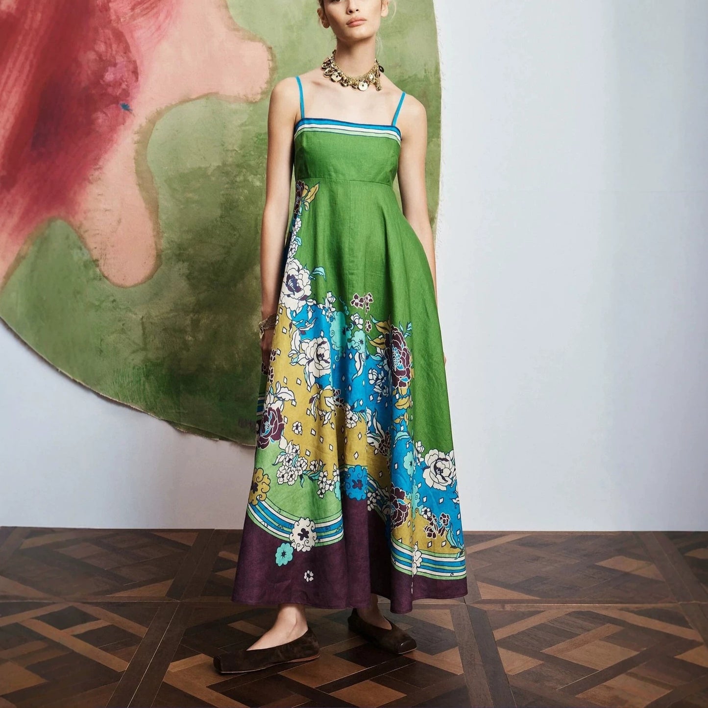 JenPora Women's Linen Blend Floral Print Sleeveless Maxi Dress