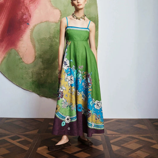 JenPora Women's Linen Blend Floral Print Sleeveless Maxi Dress