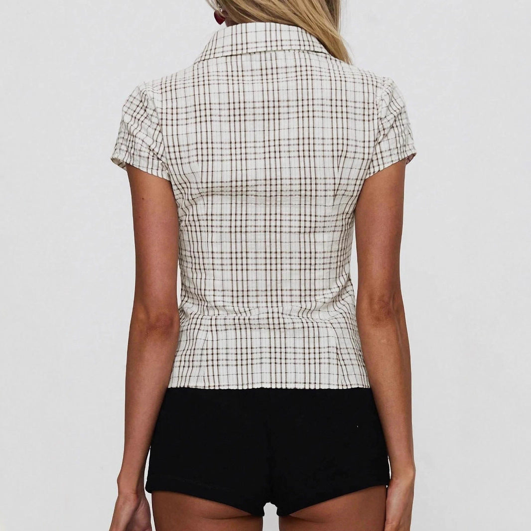 JenPora Women's Plaid Waist-Fitted Short Sleeve Button Shirt