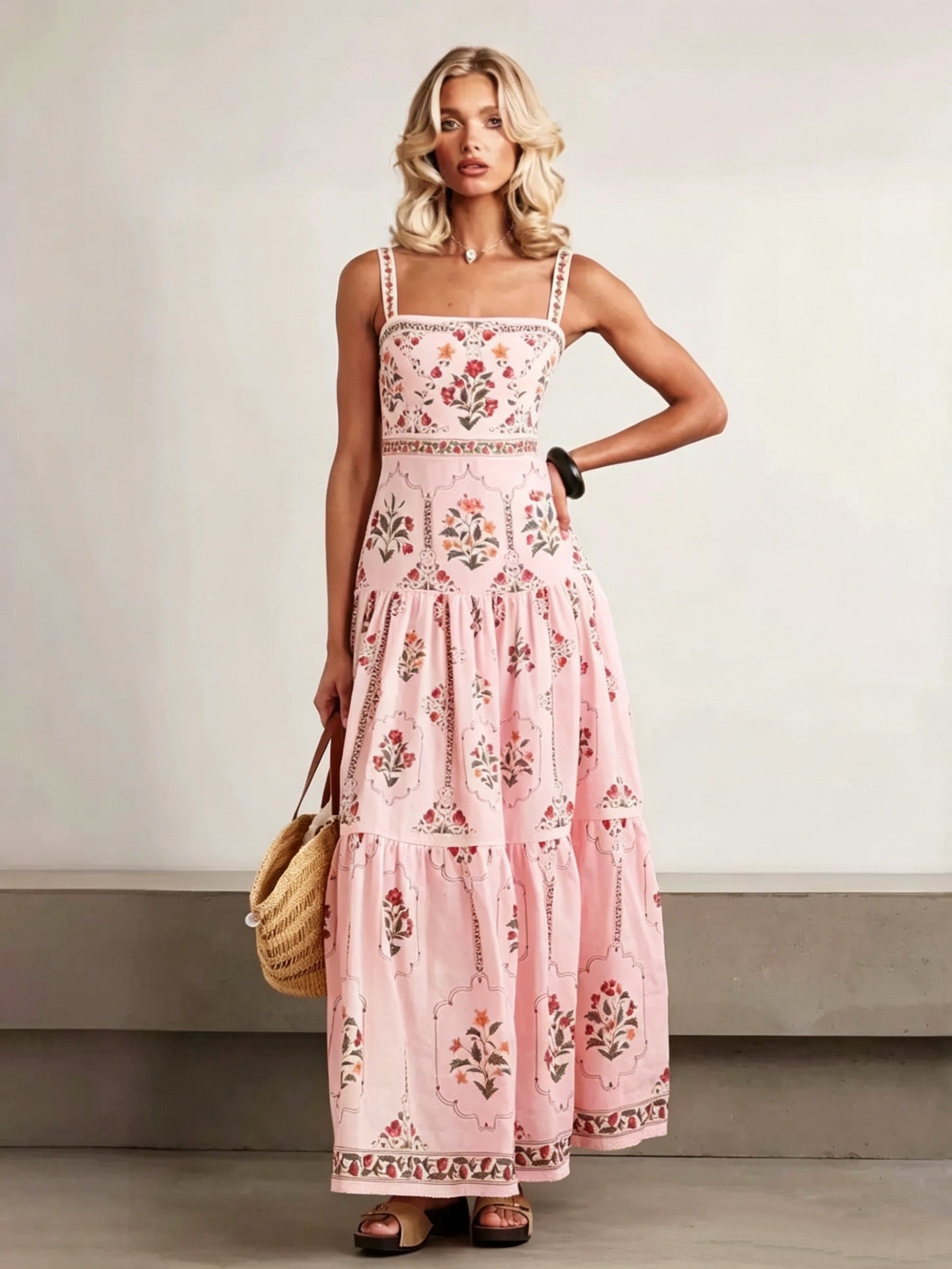 JenPora Women's Linen Blend Printed Sleeveless Maxi Dress