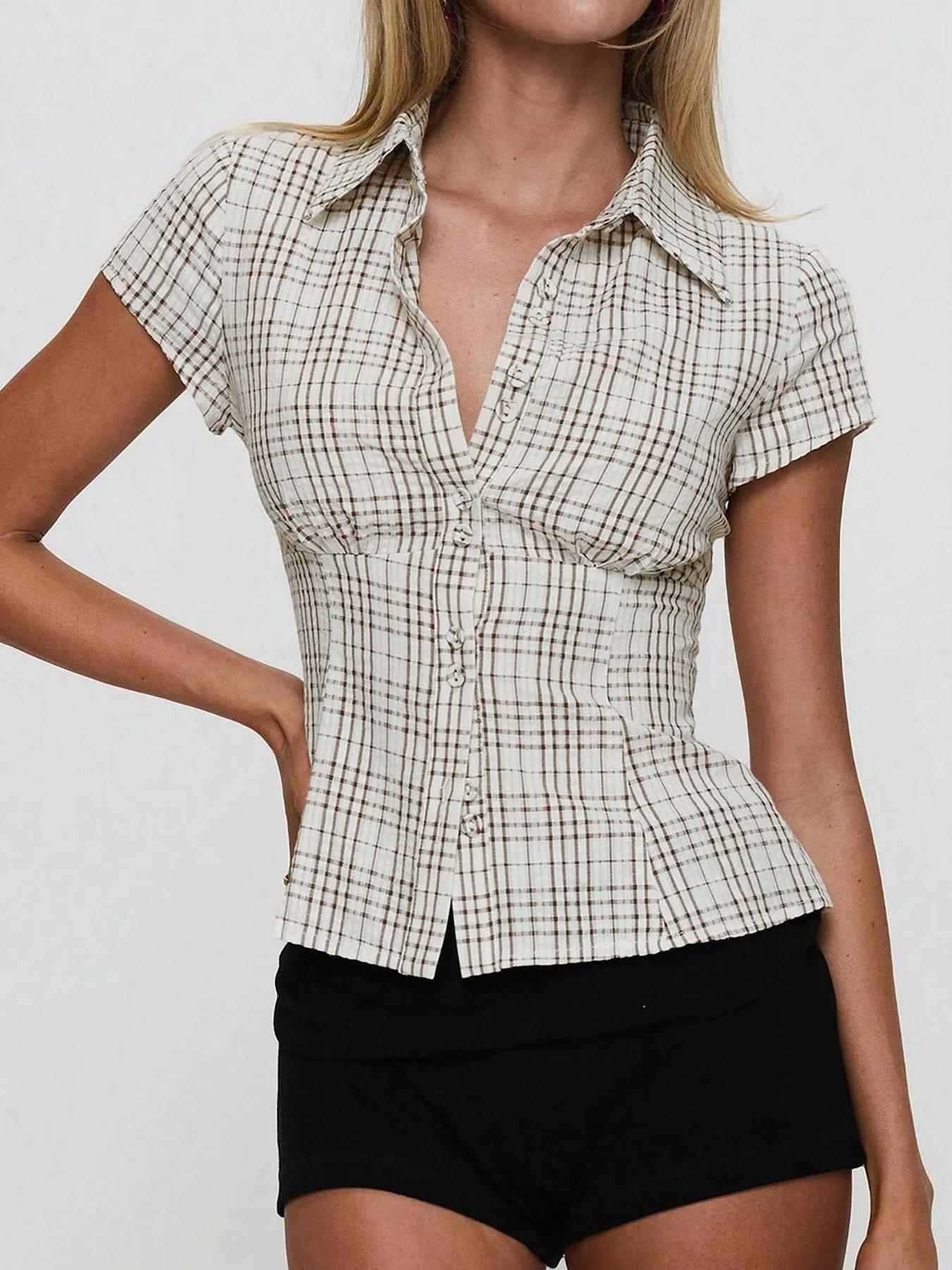 JenPora Women's Plaid Waist-Fitted Short Sleeve Button Shirt
