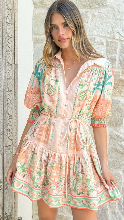 JenPora Women's Linen Blend Floral Print Midi A-Line Dress