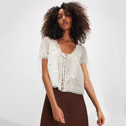 JenPora Women's Cotton Eyelet Short Sleeve Blouse
