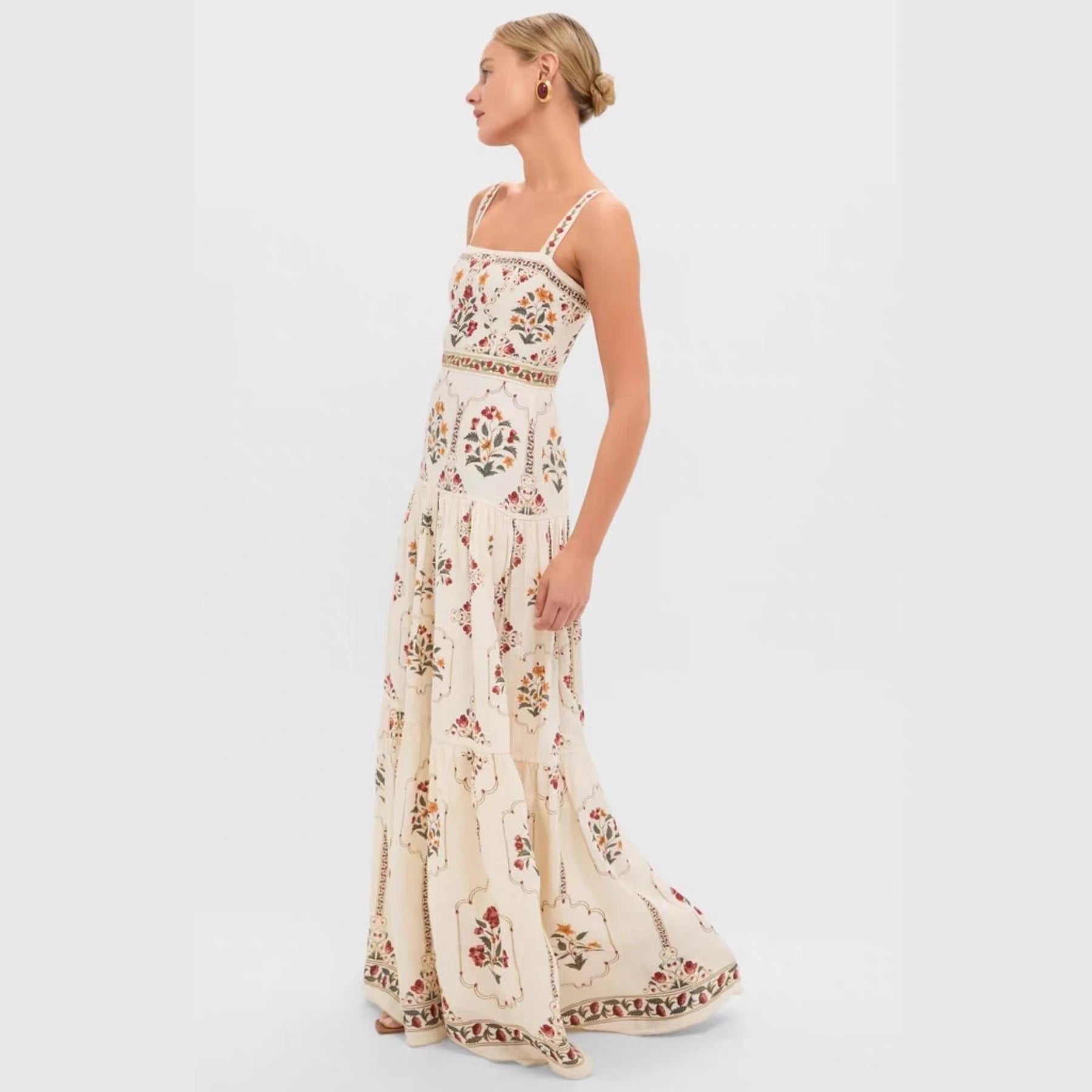 JenPora Women's Linen Blend Printed Sleeveless Maxi Dress