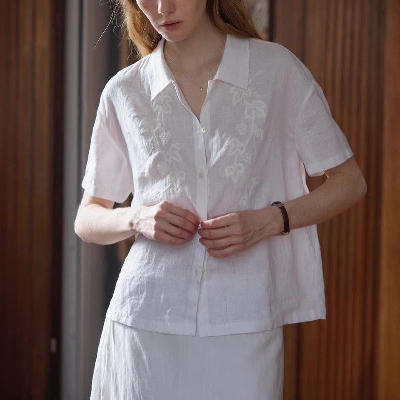 JenPora Women's Linen Embroidered Short Sleeve Polo Collar Shirt