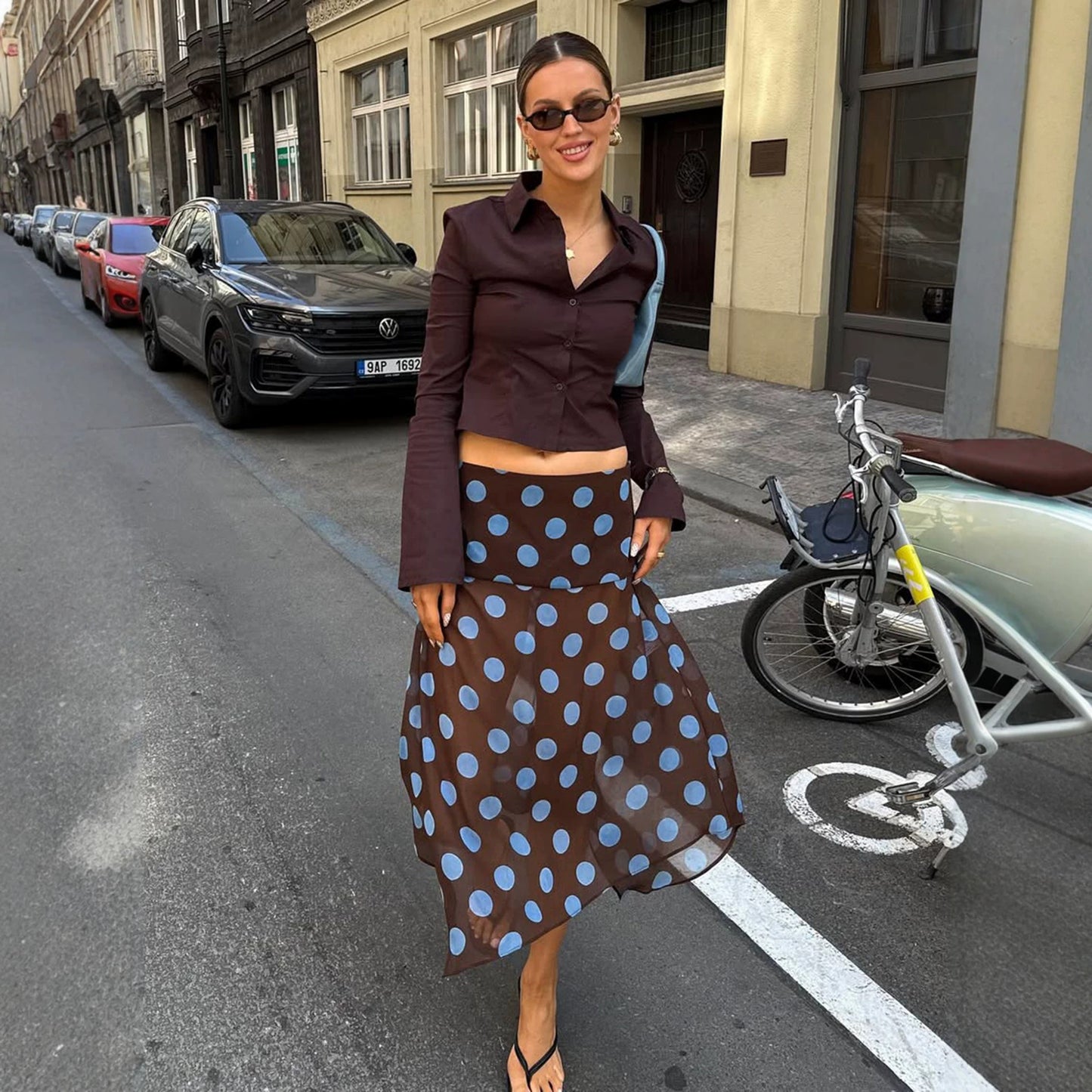 JenPora Women's Polka Dot High Waist Asymmetrical Maxi Skirt