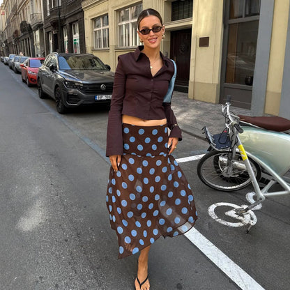 JenPora Women's Polka Dot High Waist Asymmetrical Maxi Skirt