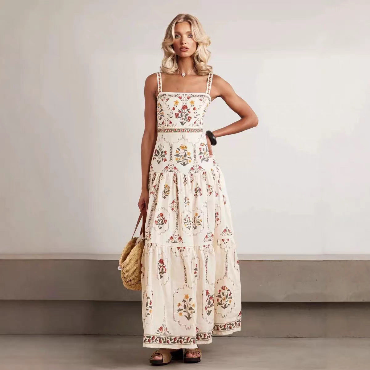 JenPora Women's Linen Blend Printed Sleeveless Maxi Dress