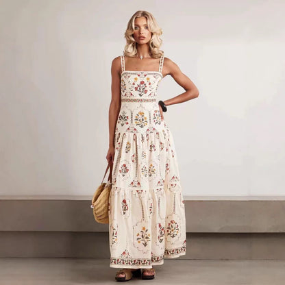JenPora Women's Linen Blend Printed Sleeveless Maxi Dress