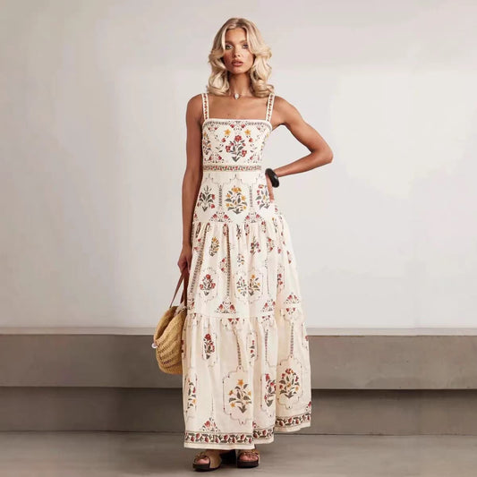 JenPora Women's Linen Blend Printed Sleeveless Maxi Dress