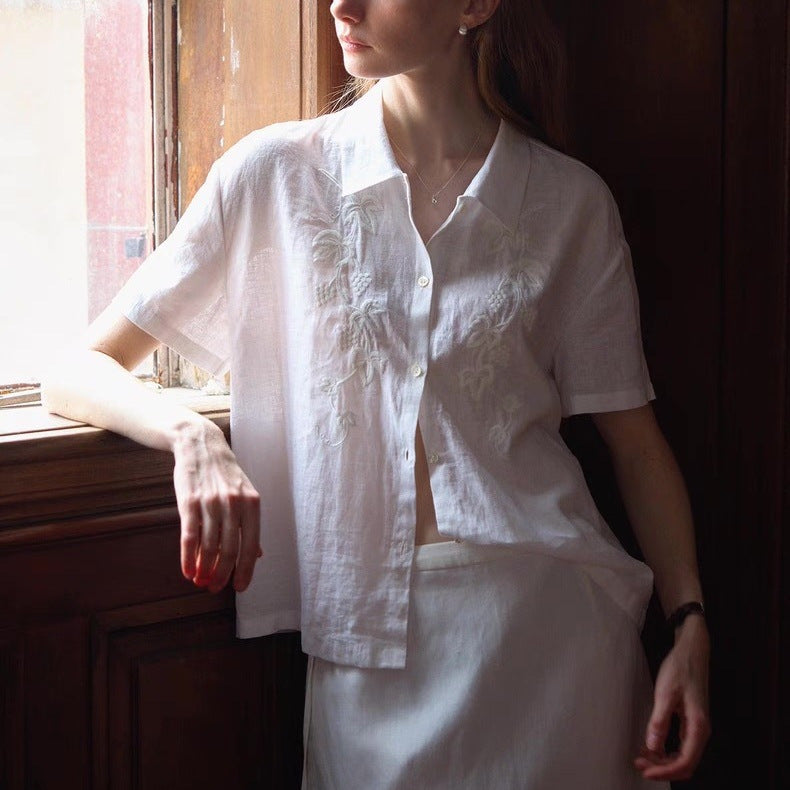 JenPora Women's Linen Embroidered Short Sleeve Polo Collar Shirt