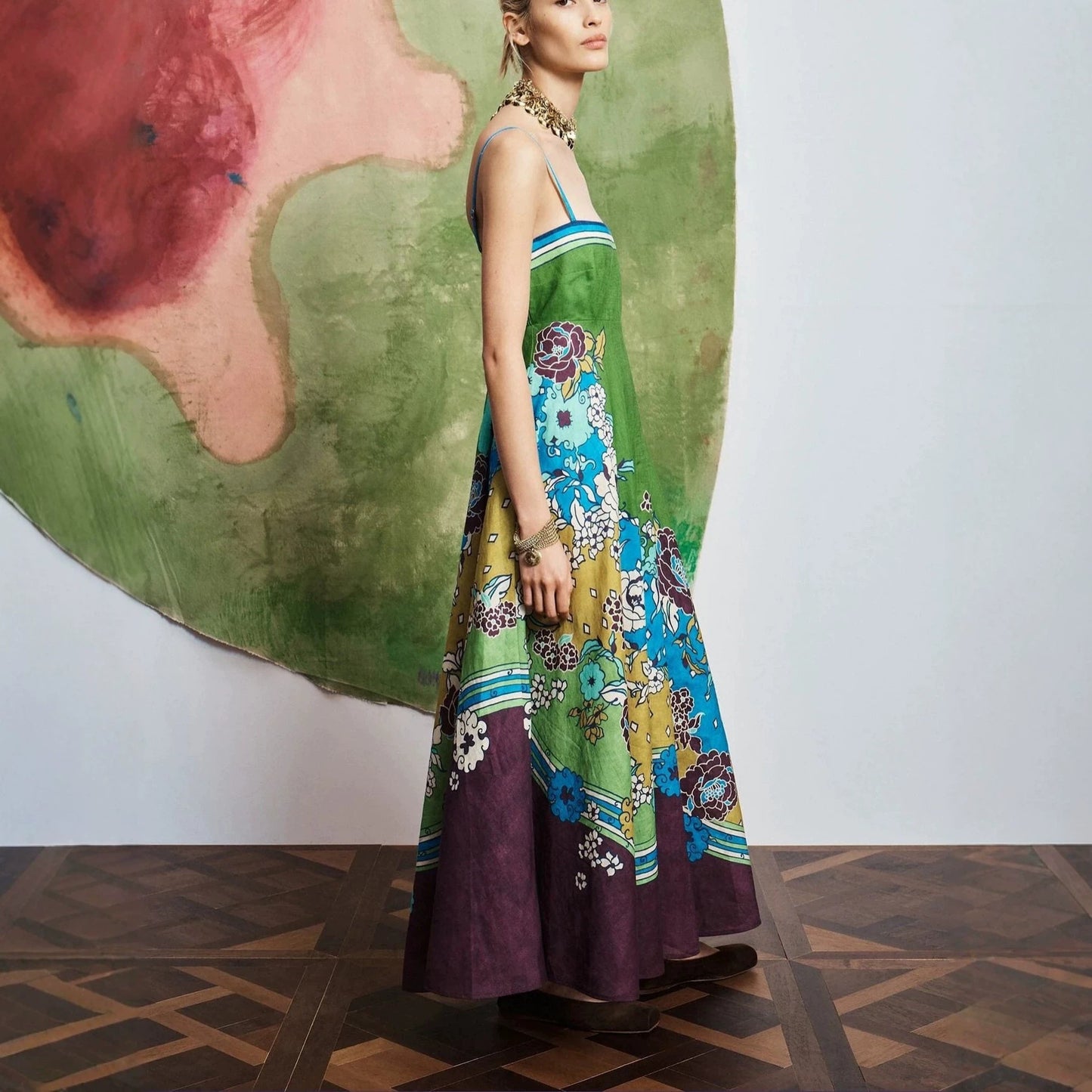 JenPora Women's Linen Blend Floral Print Sleeveless Maxi Dress