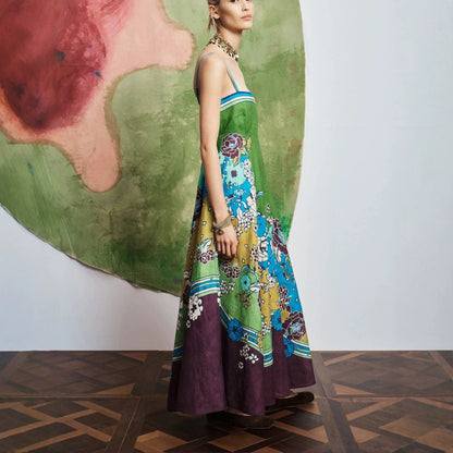 JenPora Women's Linen Blend Floral Print Sleeveless Maxi Dress