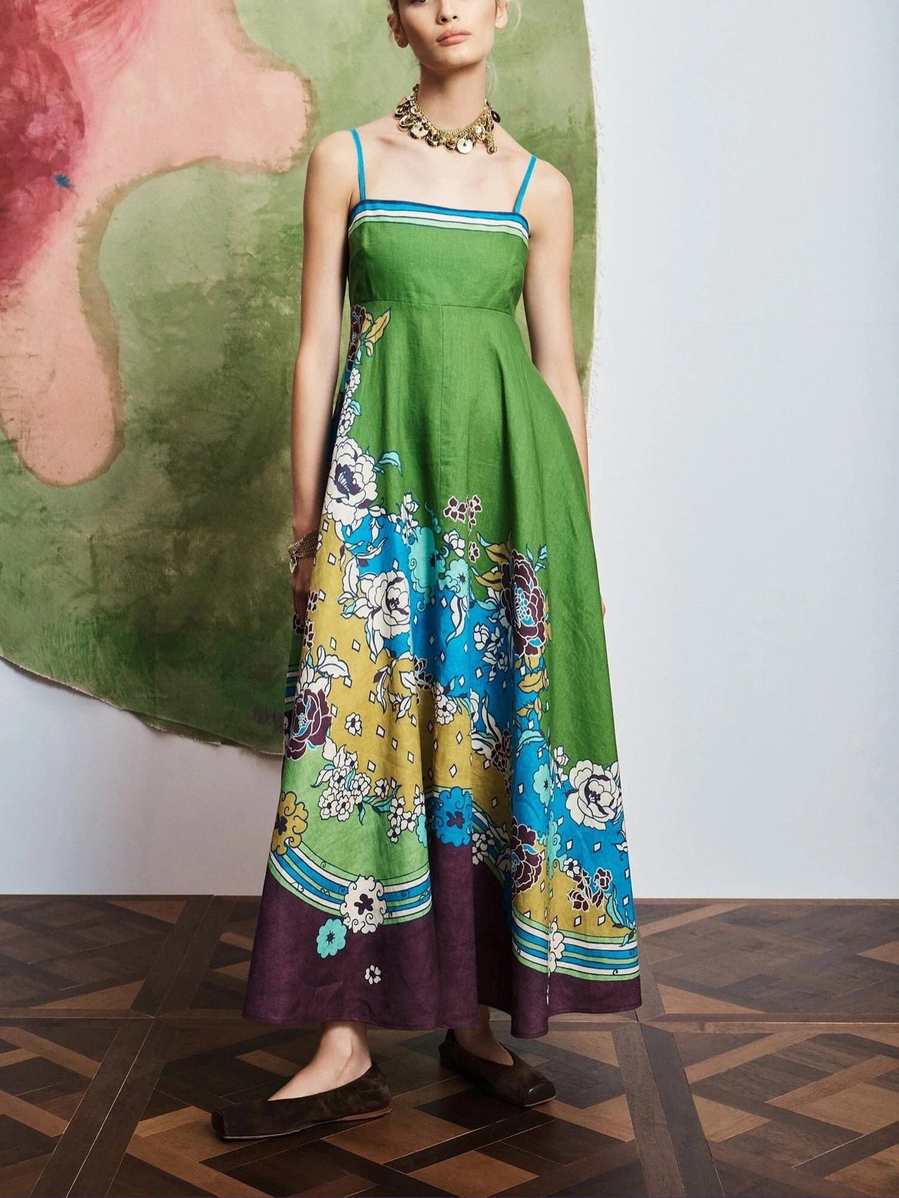 JenPora Women's Linen Blend Floral Print Sleeveless Maxi Dress