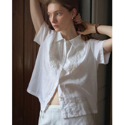 JenPora Women's Linen Embroidered Short Sleeve Polo Collar Shirt