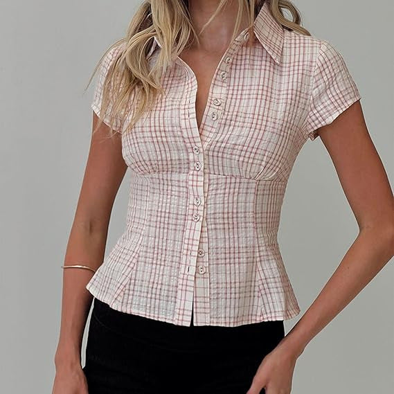 JenPora Women's Plaid Polo Collar Short Sleeve Button Shirt