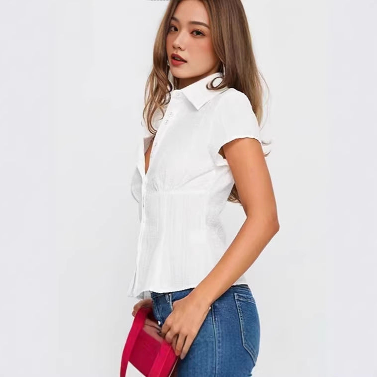 JenPora Women's Plaid Polo Collar Short Sleeve Button Shirt