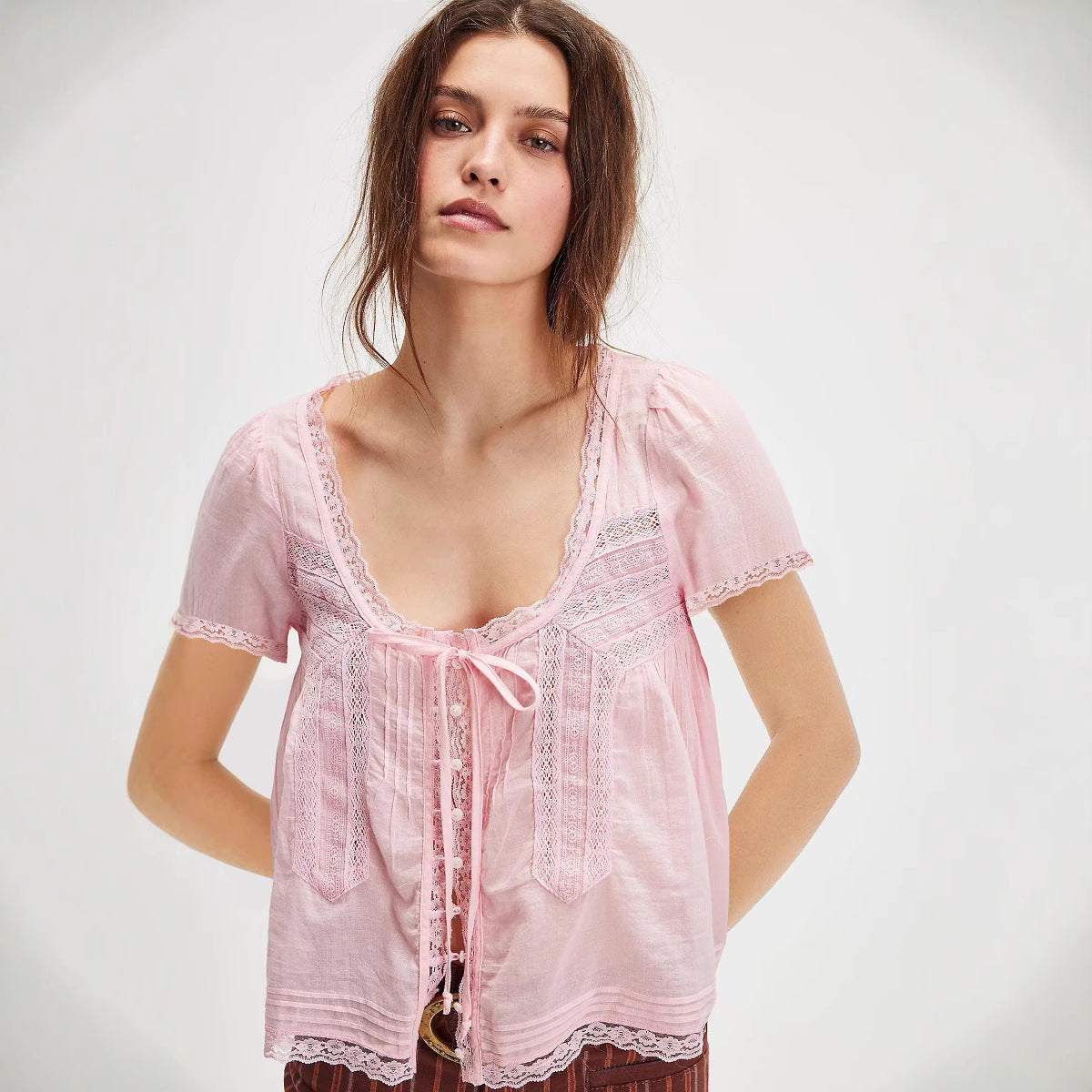 JenPora Women's Cotton Eyelet Short Sleeve Blouse