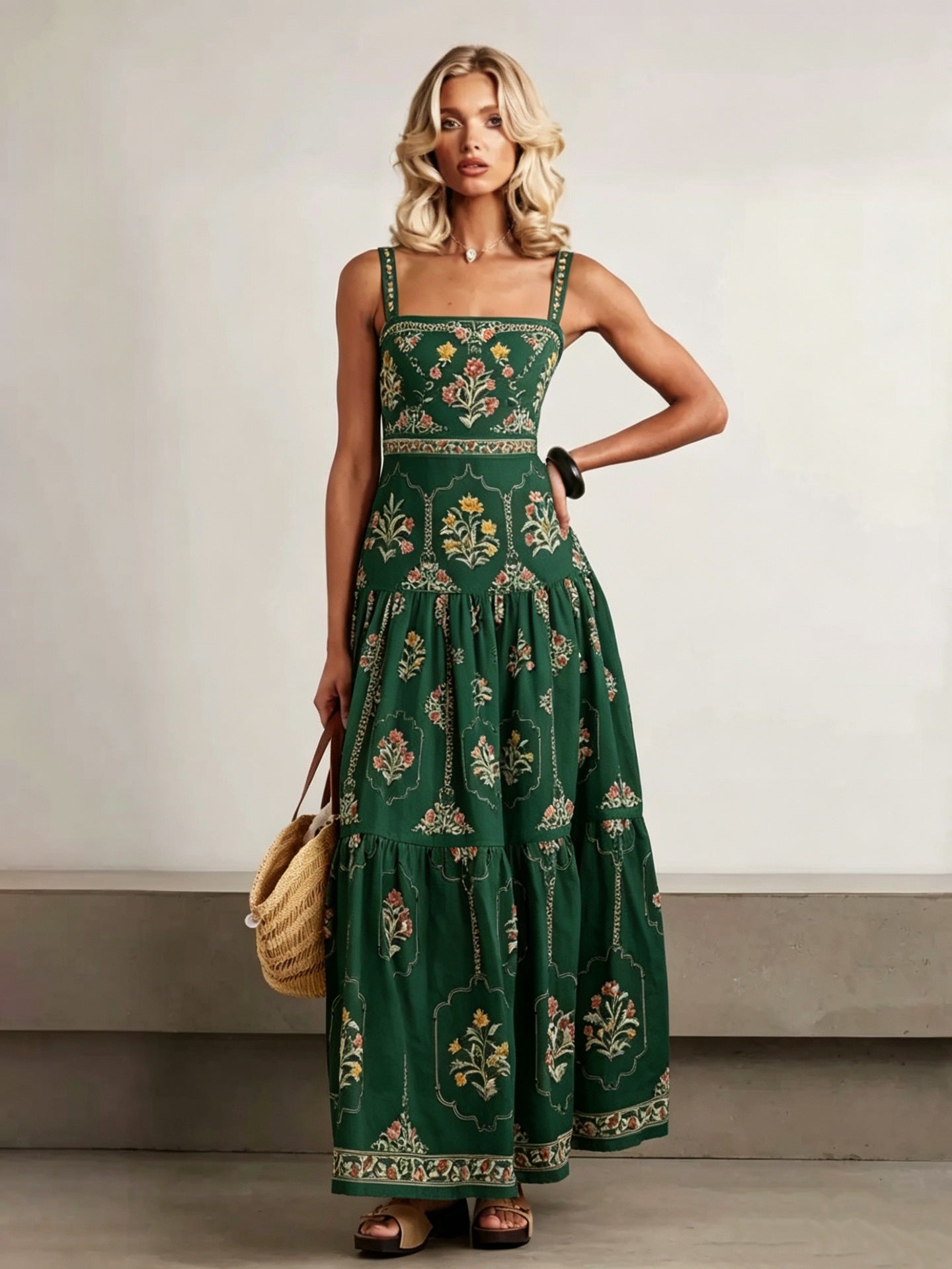 JenPora Women's Linen Blend Printed Sleeveless Maxi Dress