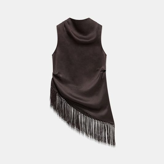 JenPora Women's Satin Sleeveless Fringe Top