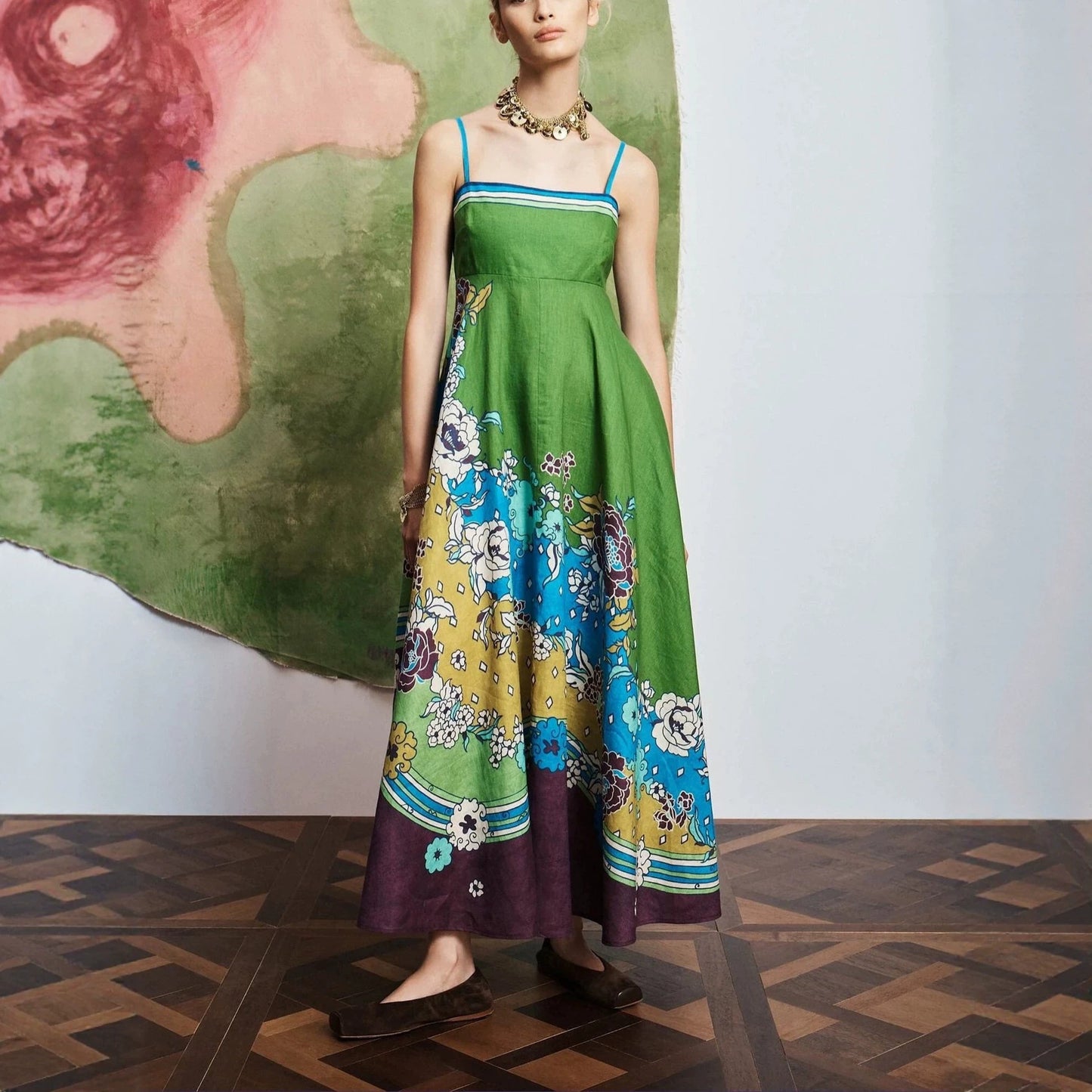 JenPora Women's Linen Blend Floral Print Sleeveless Maxi Dress
