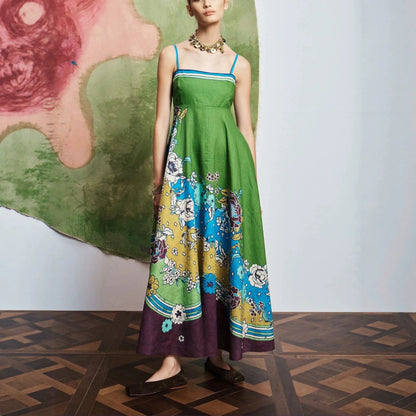 JenPora Women's Linen Blend Floral Print Sleeveless Maxi Dress