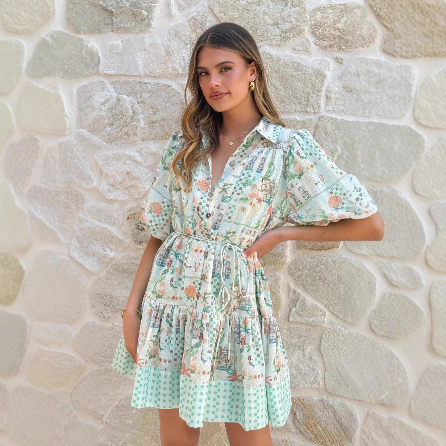JenPora Women's Linen Blend Floral Print Midi A-Line Dress