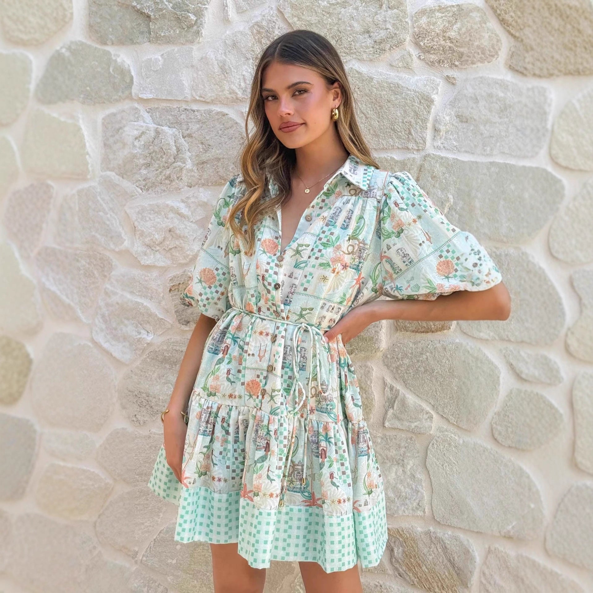 JenPora Women's Linen Blend Floral Print Midi A-Line Dress