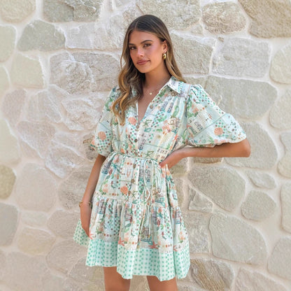 JenPora Women's Linen Blend Floral Print Midi A-Line Dress