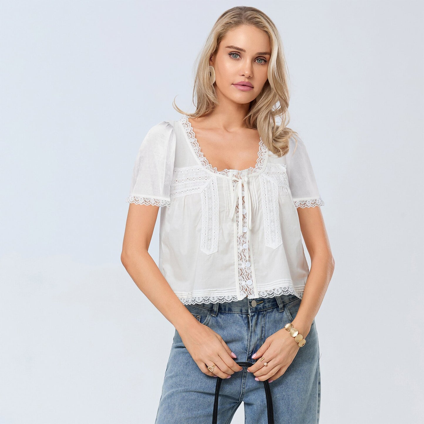 JenPora Women's Cotton Eyelet Short Sleeve Blouse