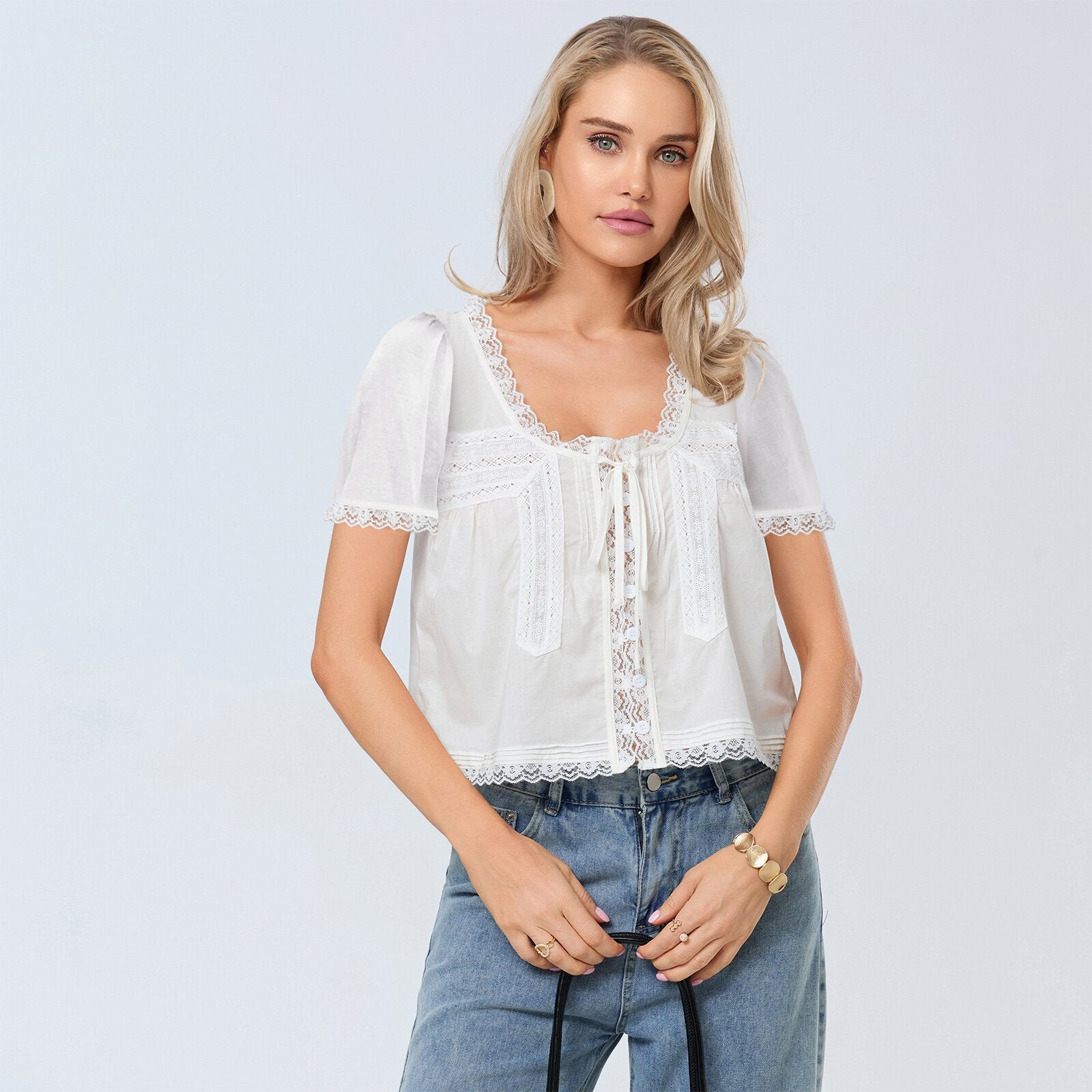 JenPora Women's Cotton Eyelet Short Sleeve Blouse