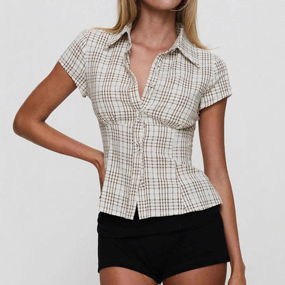 JenPora Women's Plaid Waist-Fitted Short Sleeve Button Shirt