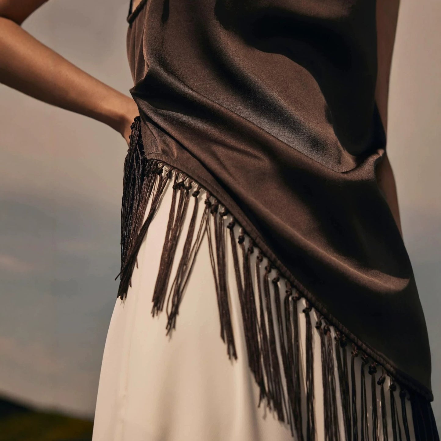 JenPora Women's Satin Sleeveless Fringe Top