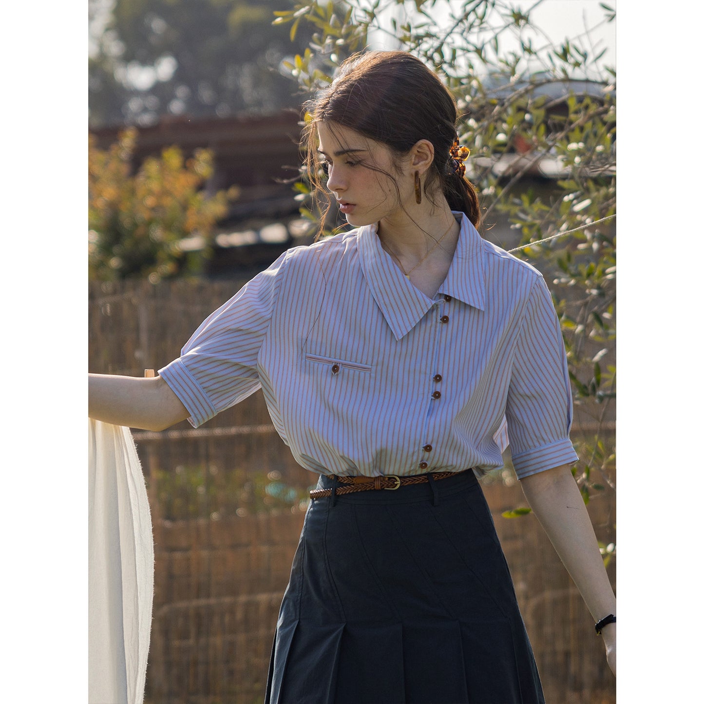 JenPora Women's Striped Short Sleeve Blazer Collar Shirt