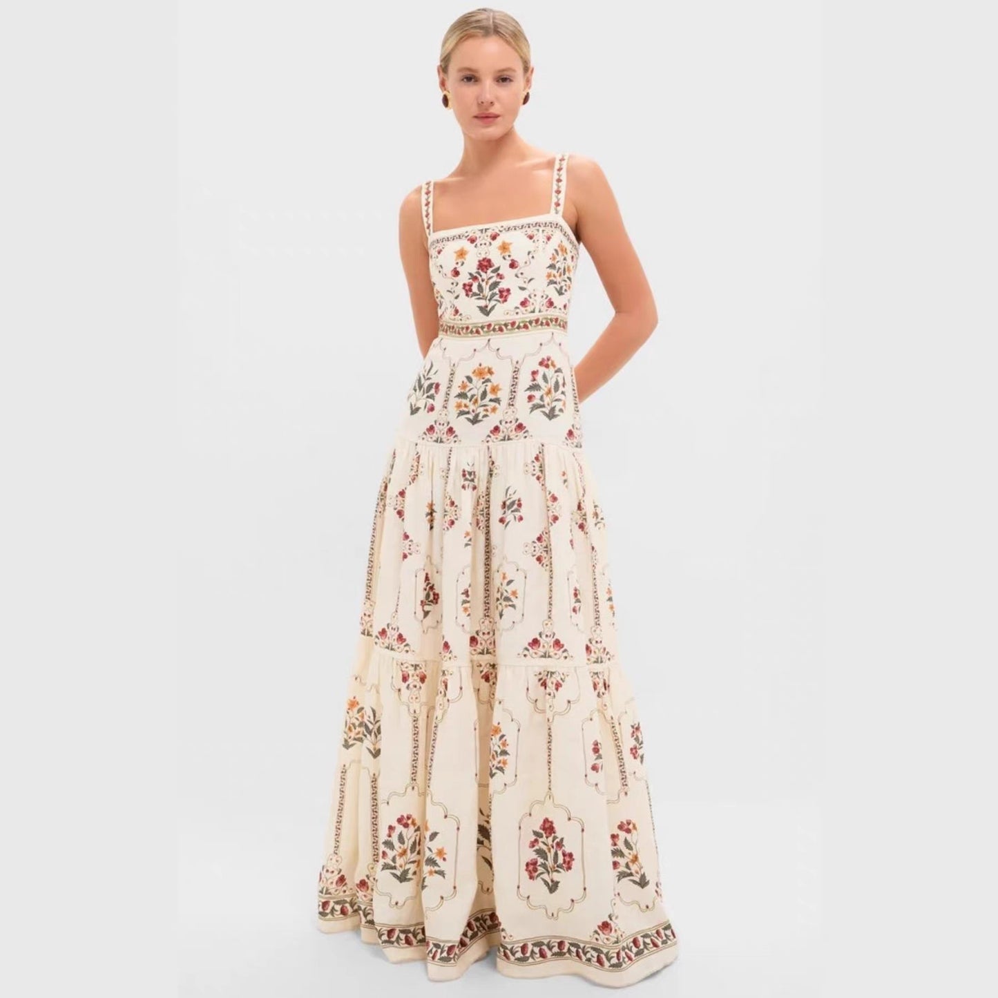 JenPora Women's Linen Blend Printed Sleeveless Maxi Dress