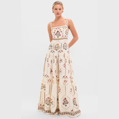 JenPora Women's Linen Blend Printed Sleeveless Maxi Dress