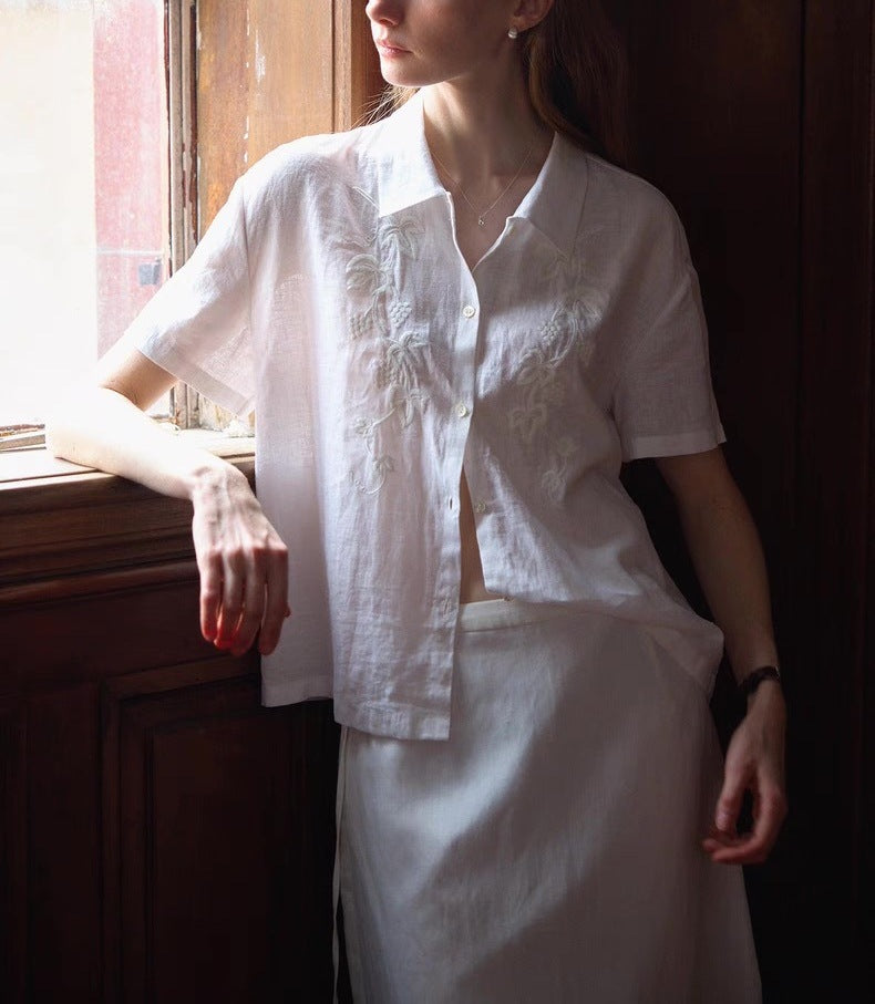 JenPora Women's Linen Embroidered Short Sleeve Polo Collar Shirt